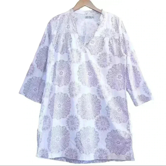 🌈 6/$60, Kiyomi House Dress, White/Lavendar, 3/4 Sleeve, Flower Print, Large - Picture 1 of 8